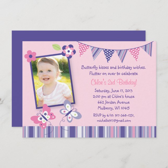 Pink Butterfly 1st Birthday Invitation (Front/Back)