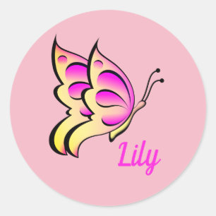 pink butterfly - add name classic round sticker