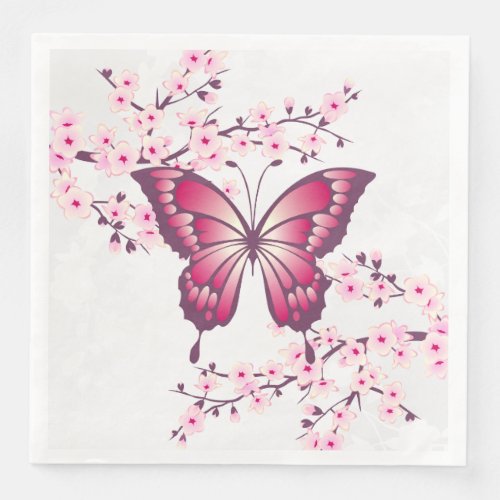 Pink Butterfly And Cherry Blossom Floral Paper Dinner Napkins