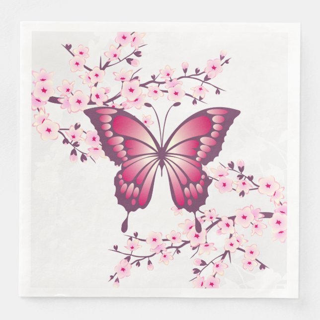 Pink Butterfly And Cherry Blossom Floral Paper Dinner Napkins (Front)