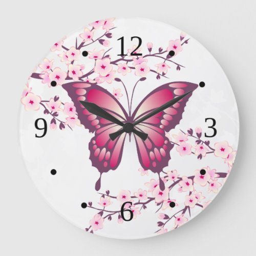 Pink Butterfly And Cherry Blossoms Large Clock