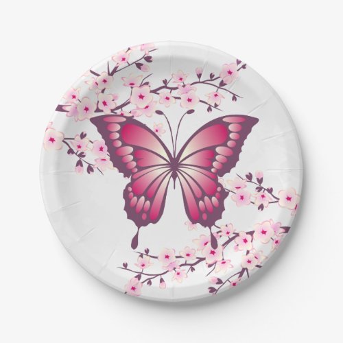Pink Butterfly And Cherry Blossoms Paper Plates