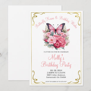 Pink Butterfly and Flowers Any Age Birthday Party Invitation
