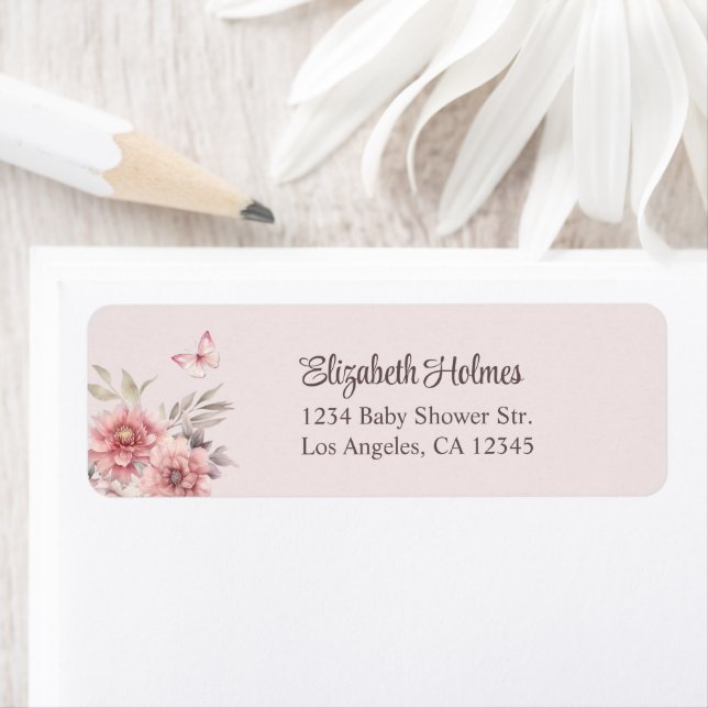 Pink Butterfly and Flowers Baby Shower Address Label (Insitu)