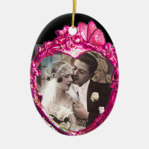 PINK BUTTERFLY AND FLOWERS HEART PHOTO TEMPLATE CERAMIC ORNAMENT