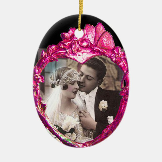 PINK BUTTERFLY AND FLOWERS  HEART PHOTO TEMPLATE CERAMIC ORNAMENT (Front)