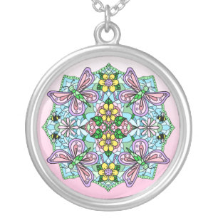 Pink Butterfly and Flowers Mandala Silver Plated Necklace