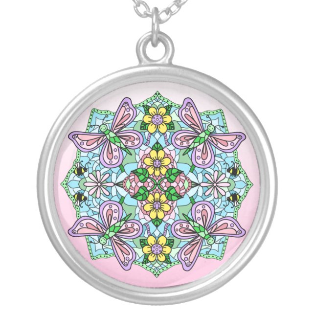 Pink Butterfly and Flowers Mandala Silver Plated Necklace (Front)