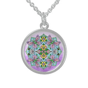 Pink Butterfly and Flowers Mandala   Sterling Silver Necklace