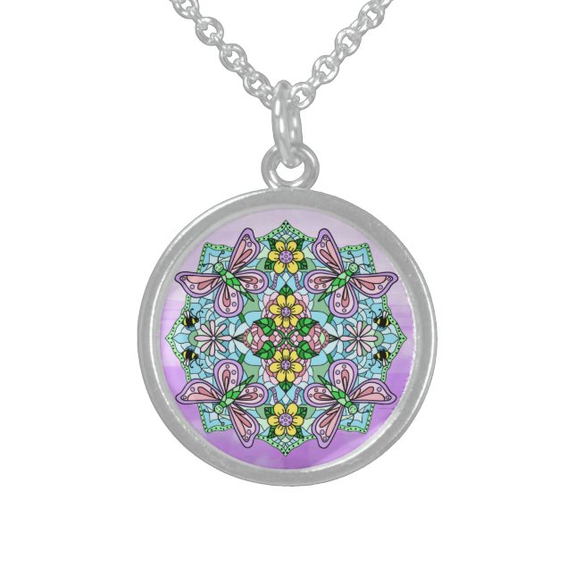 Pink Butterfly and Flowers Mandala   Sterling Silver Necklace (Front)