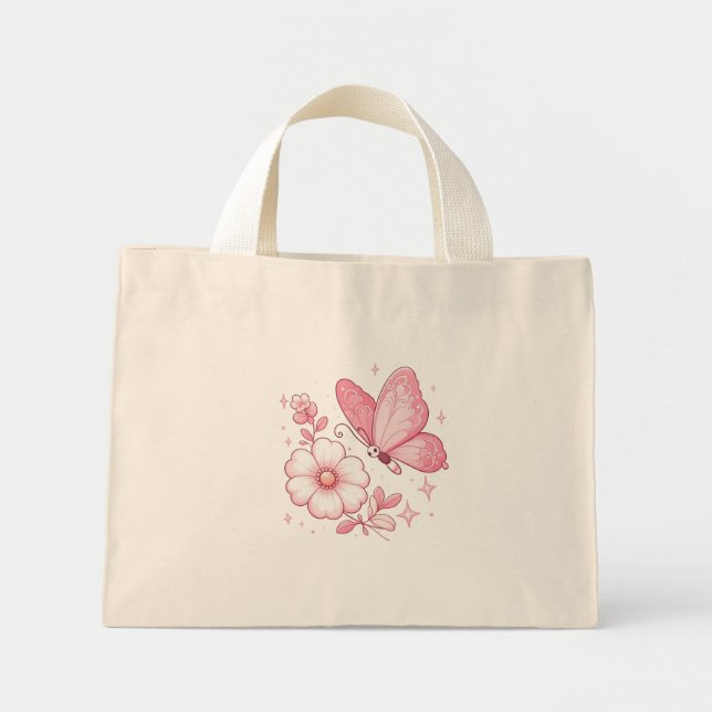 Pink Butterfly and Flowers Mini Tote Bag (Front)
