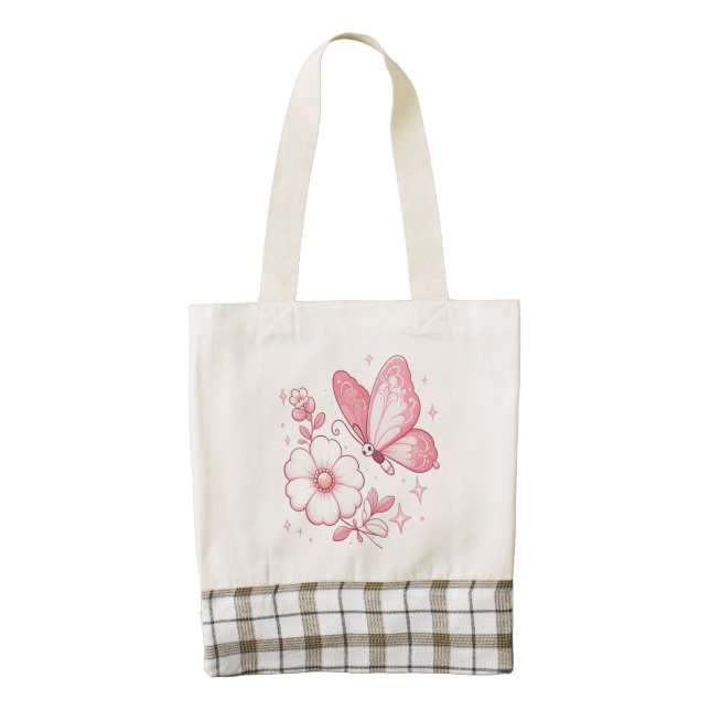 Pink Butterfly and Flowers Zazzle HEART Tote Bag (Front)
