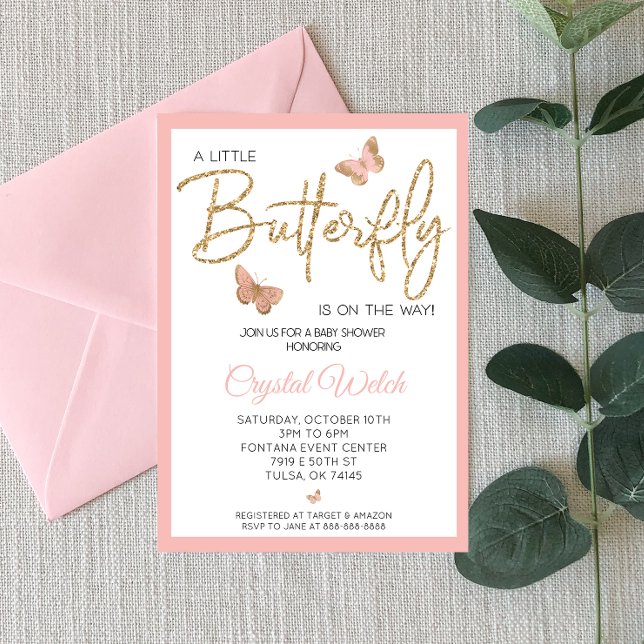 Pink Butterfly and Glitter Baby Shower Invitation (Creator Uploaded)