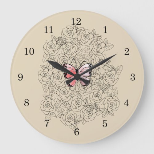 Pink Butterfly And Roses Art Large Clock