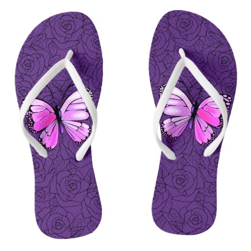 Pink Butterfly And Roses Flip Flops