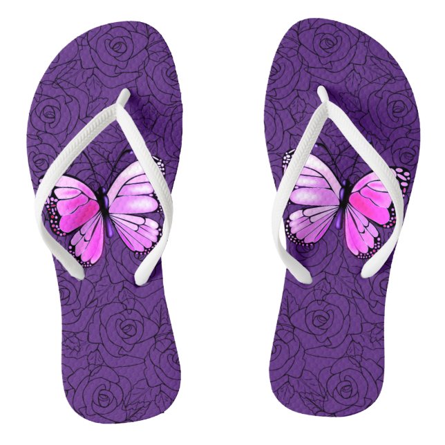 Pink Butterfly And Roses Flip Flops (Footbed)