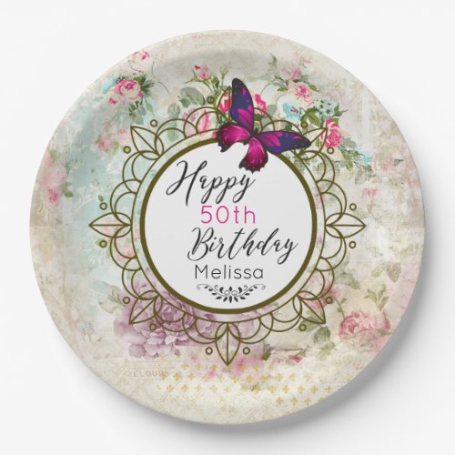 Pink Butterfly and Shabby Vintage Roses Birthday Paper Plates