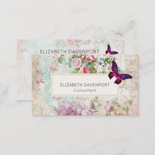 Pink Butterfly and Shabby Vintage Roses Business Card