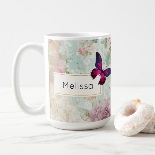 Pink Butterfly and Shabby Vintage Roses Coffee Mug