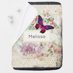 Pink Butterfly and Shabby Vintage Roses Custom Baby Blanket