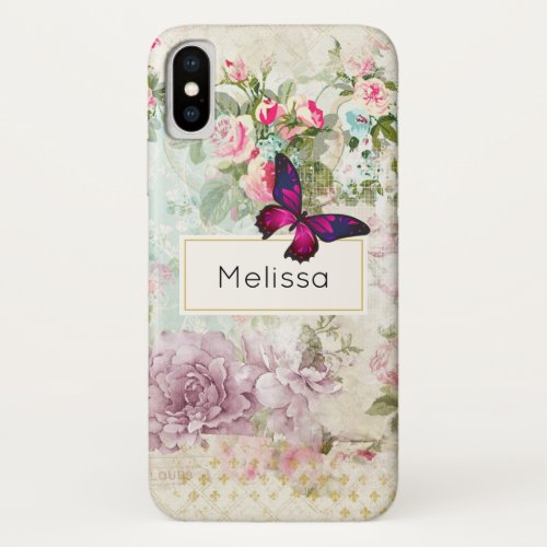 Pink Butterfly and Shabby Vintage Roses Custom iPhone X Case