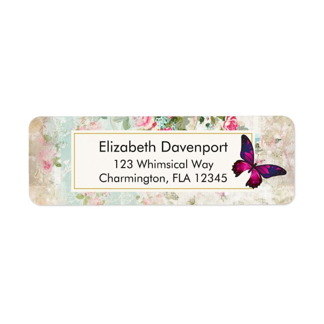 Pink Butterfly and Shabby Vintage Roses Label (Front)