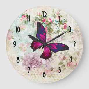 Pink Butterfly and Shabby Vintage Roses Large Clock