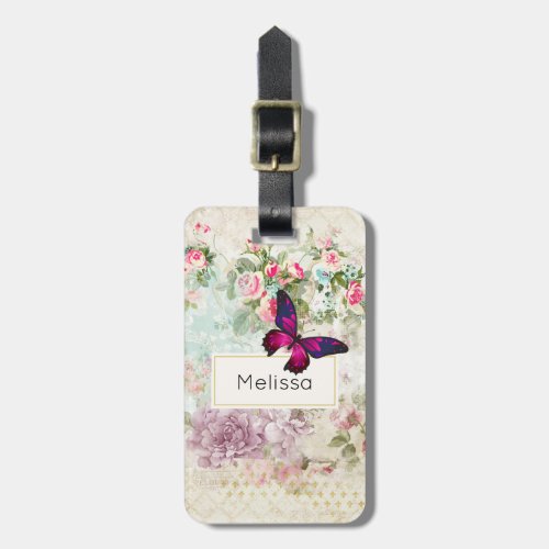 Pink Butterfly and Shabby Vintage Roses Luggage Tag