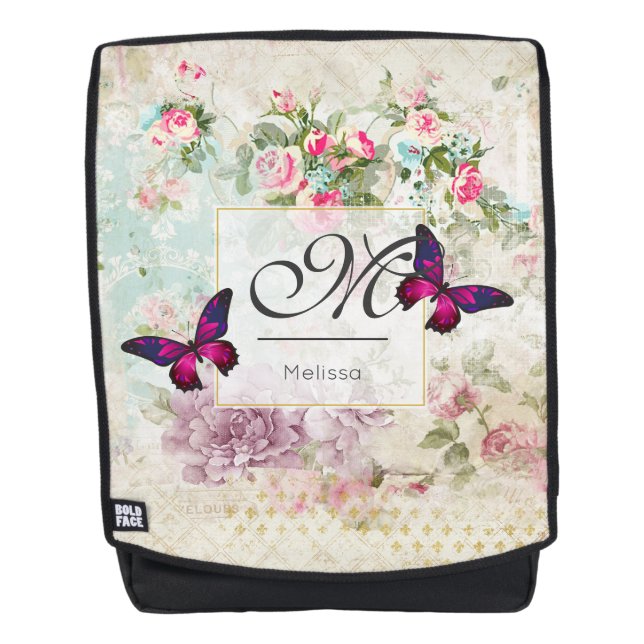 Pink Butterfly and Shabby Vintage Roses Monogram Backpack (Front)
