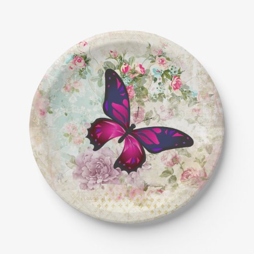 Pink Butterfly and Shabby Vintage Roses Paper Plates
