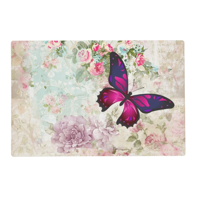 Pink Butterfly and Shabby Vintage Roses Placemat (Front)