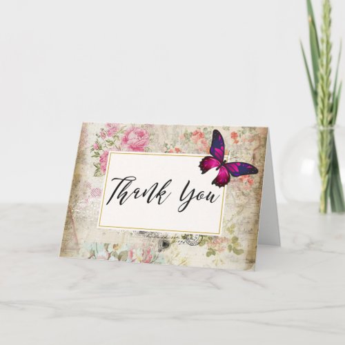 Pink Butterfly and Shabby Vintage Roses Thank You