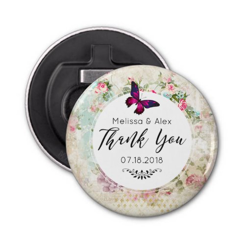 Pink Butterfly and Shabby Vintage Roses Thank You Bottle Opener