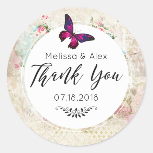 Pink Butterfly and Shabby Vintage Roses Thank You Classic Round Sticker