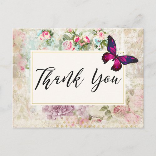 Pink Butterfly and Shabby Vintage Roses Thank You Postcard