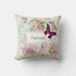 Pink Butterfly and Shabby Vintage Roses Throw Pillow