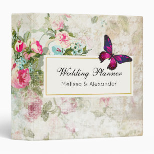 Pink Butterfly and Shabby Vintage Roses Wedding 3 Ring Binder