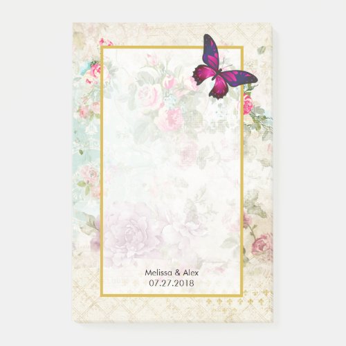 Pink Butterfly and Shabby Vintage Roses Wedding Post_it Notes