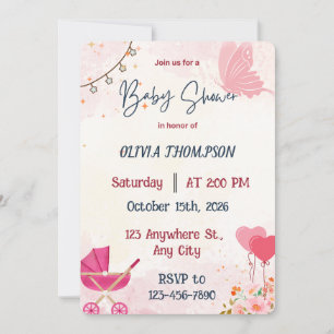 Pink Butterfly and Stroller Baby Girl Shower  Invitation
