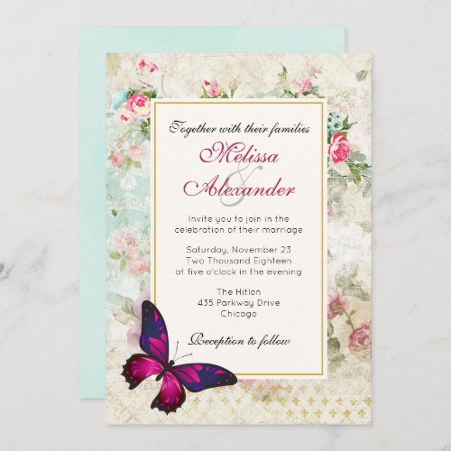 Pink Butterfly and Vintage Rose Collage Wedding Invitation