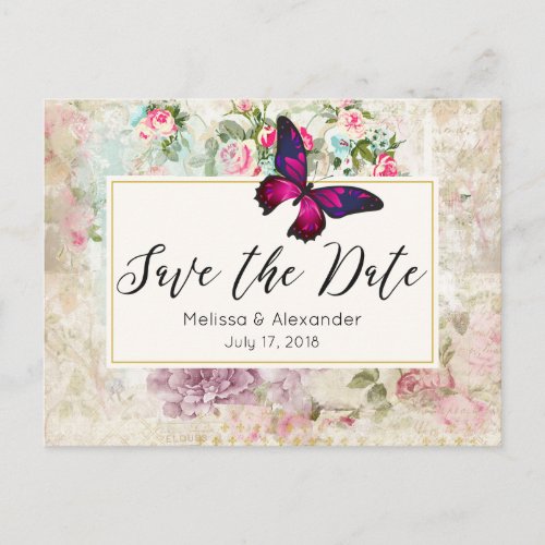 Pink Butterfly and Vintage Roses Save The Date Announcement Postcard