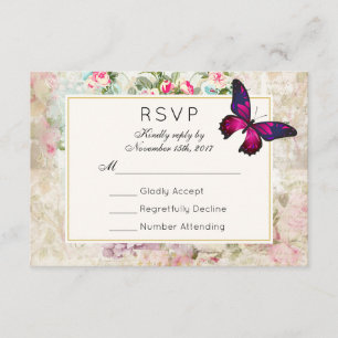 Pink Butterfly and Vintage Roses Wedding RSVP