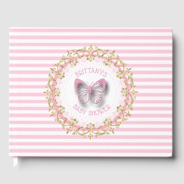 Pink Butterfly Baby Personalized Shower Guestbook (Front)