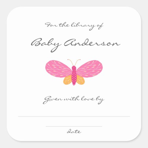 Pink Butterfly baby shower bookplate