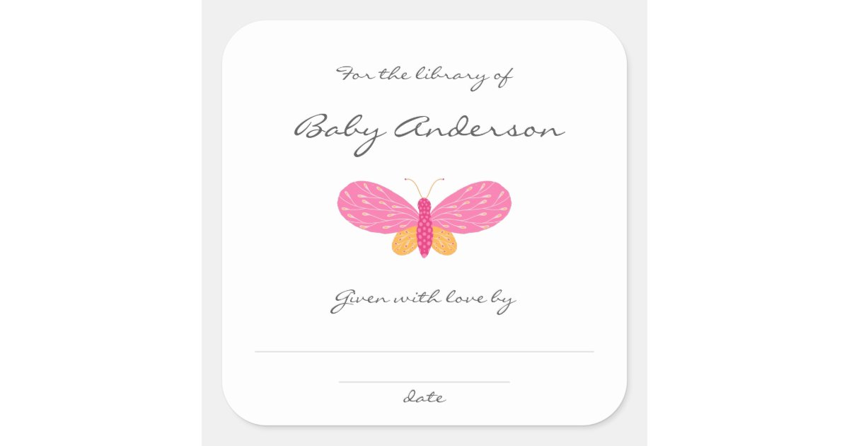 Pink Butterfly baby shower bookplate Zazzle