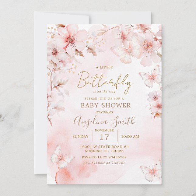 Pink Butterfly Baby Shower Cherry Blossoms Invitation (Front)