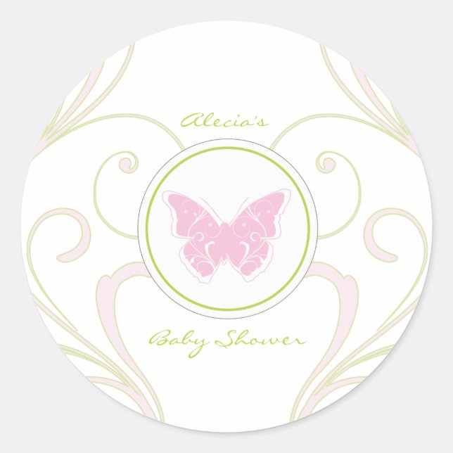 Pink Butterfly Baby Shower Favor Sticker (Front)