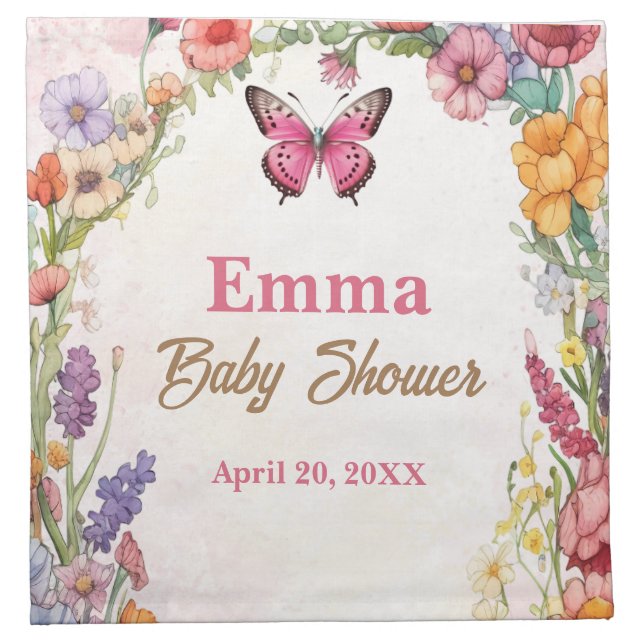 Pink Butterfly Baby Shower Floral Garden Cloth Napkin (Front)