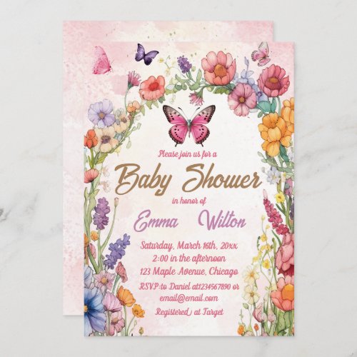 Pink Butterfly Baby Shower Floral Garden Invitation