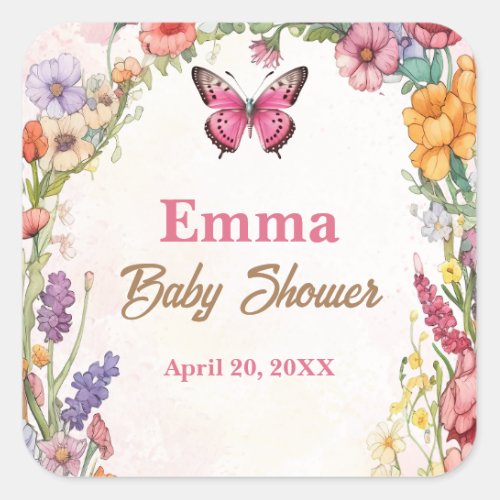 Pink Butterfly Baby Shower Floral Garden Square Sticker